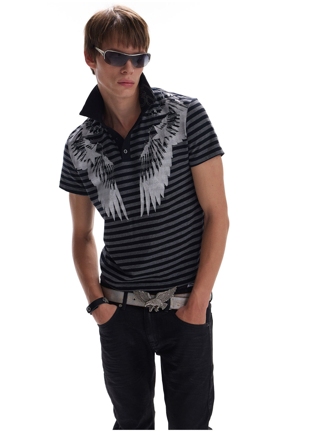 Silver Wing Stripe Polo Top