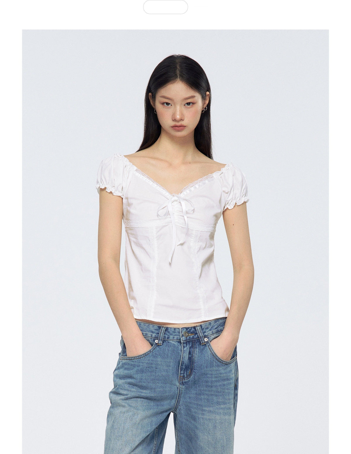 Lace Ribbon Puff Sleeve Top
