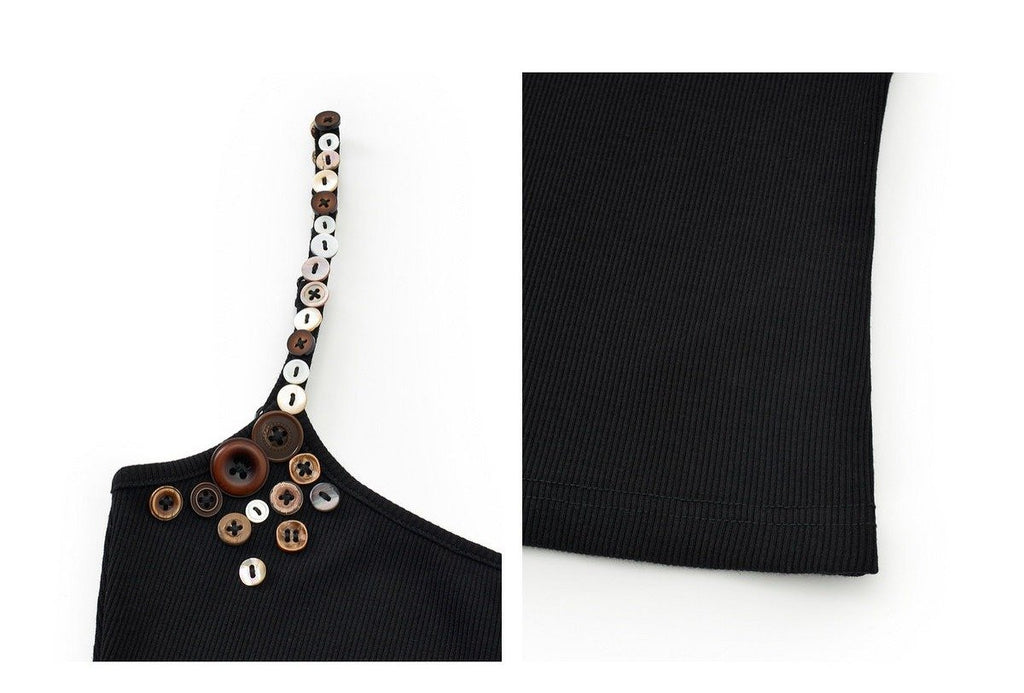 Black Button Strap Knit Top