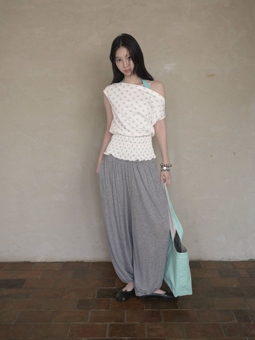 Dot Shirring Waist Top