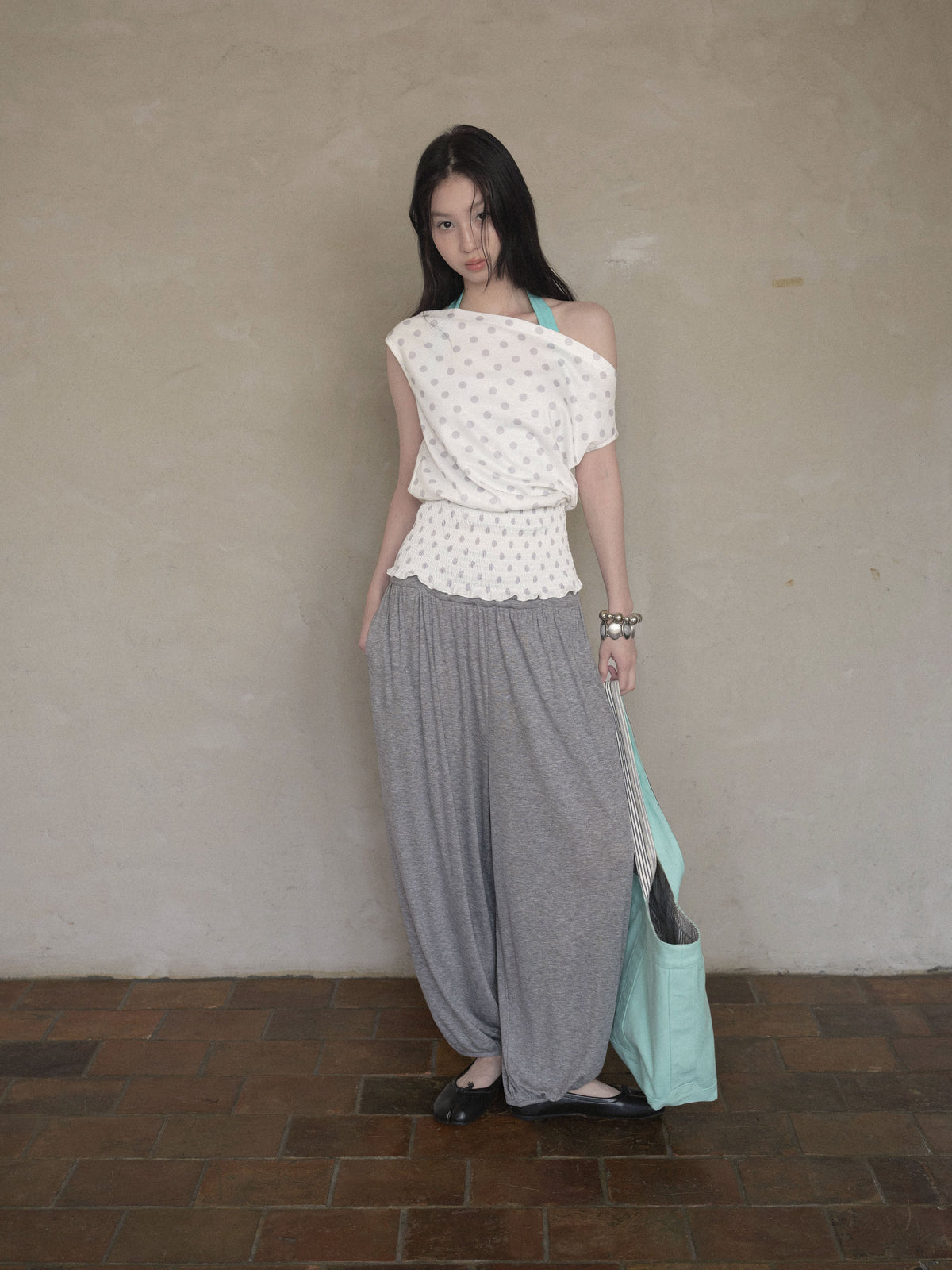 Dot Shirring Waist Top