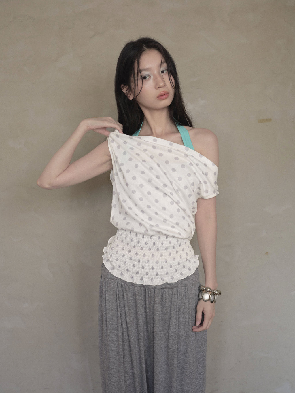 Dot Shirring Waist Top