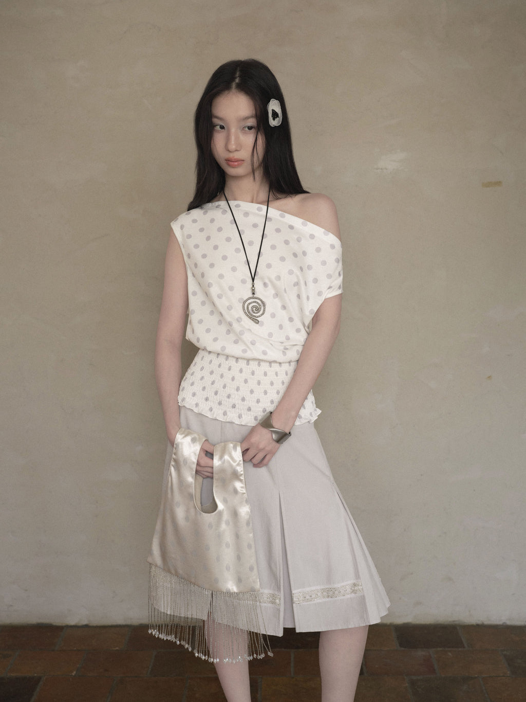 Dot Shirring Waist Top