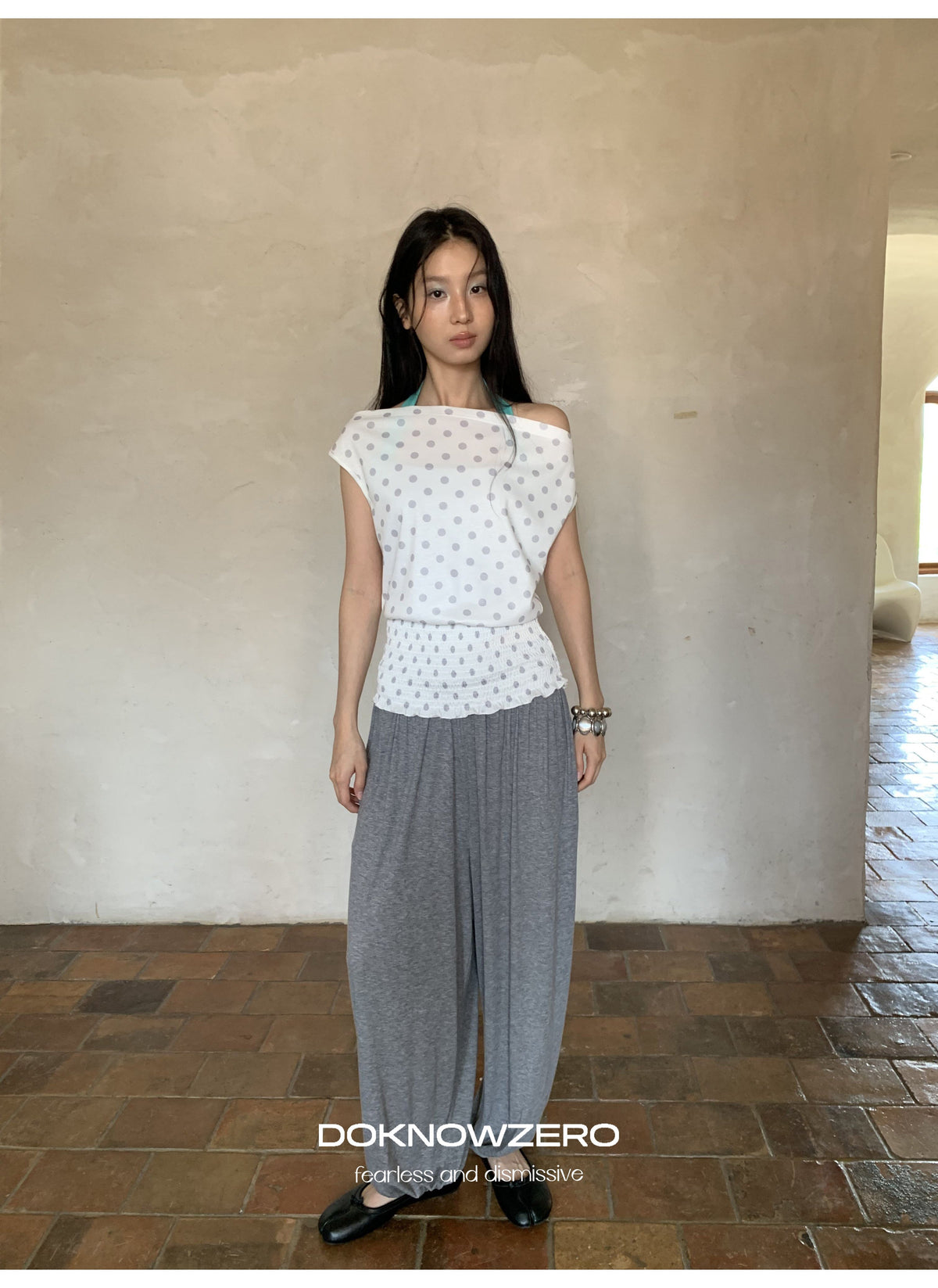 Dot Shirring Waist Top