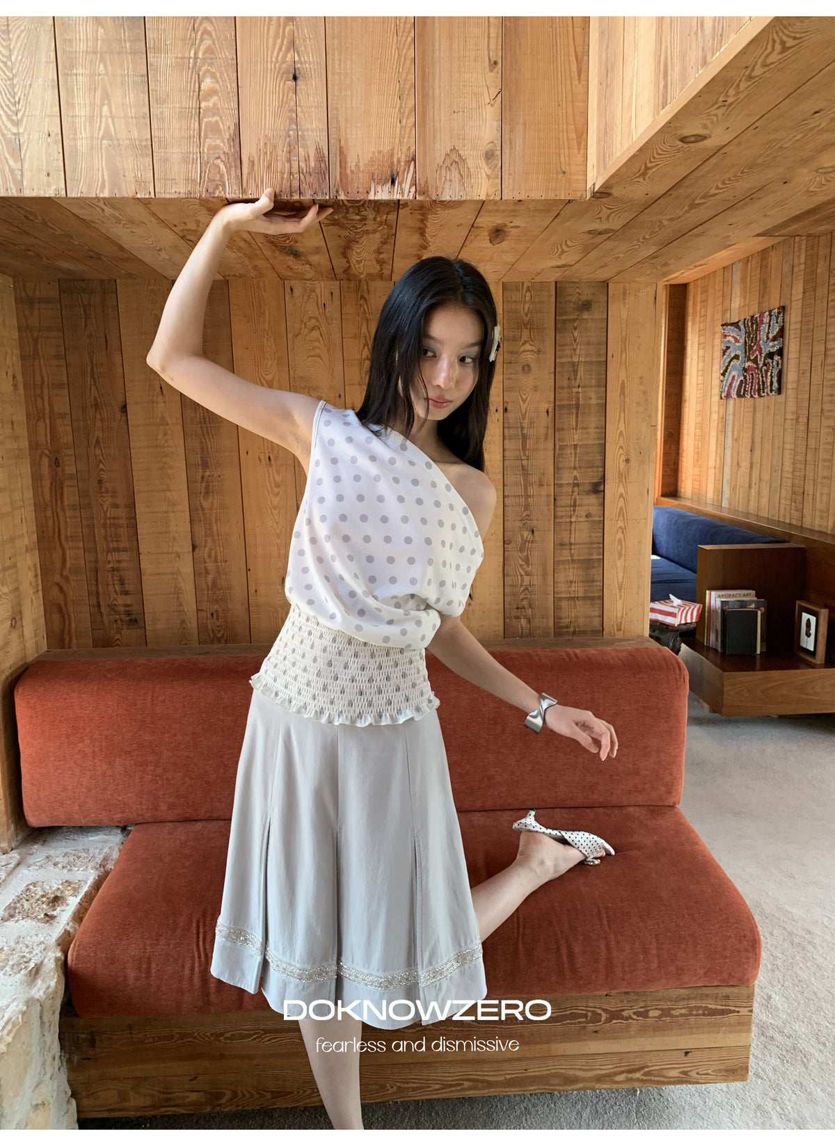 Dot Shirring Waist Top