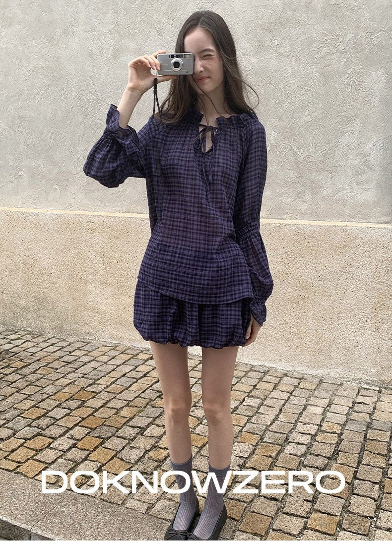 Plaid Drawstring Balloon Top & Skirt