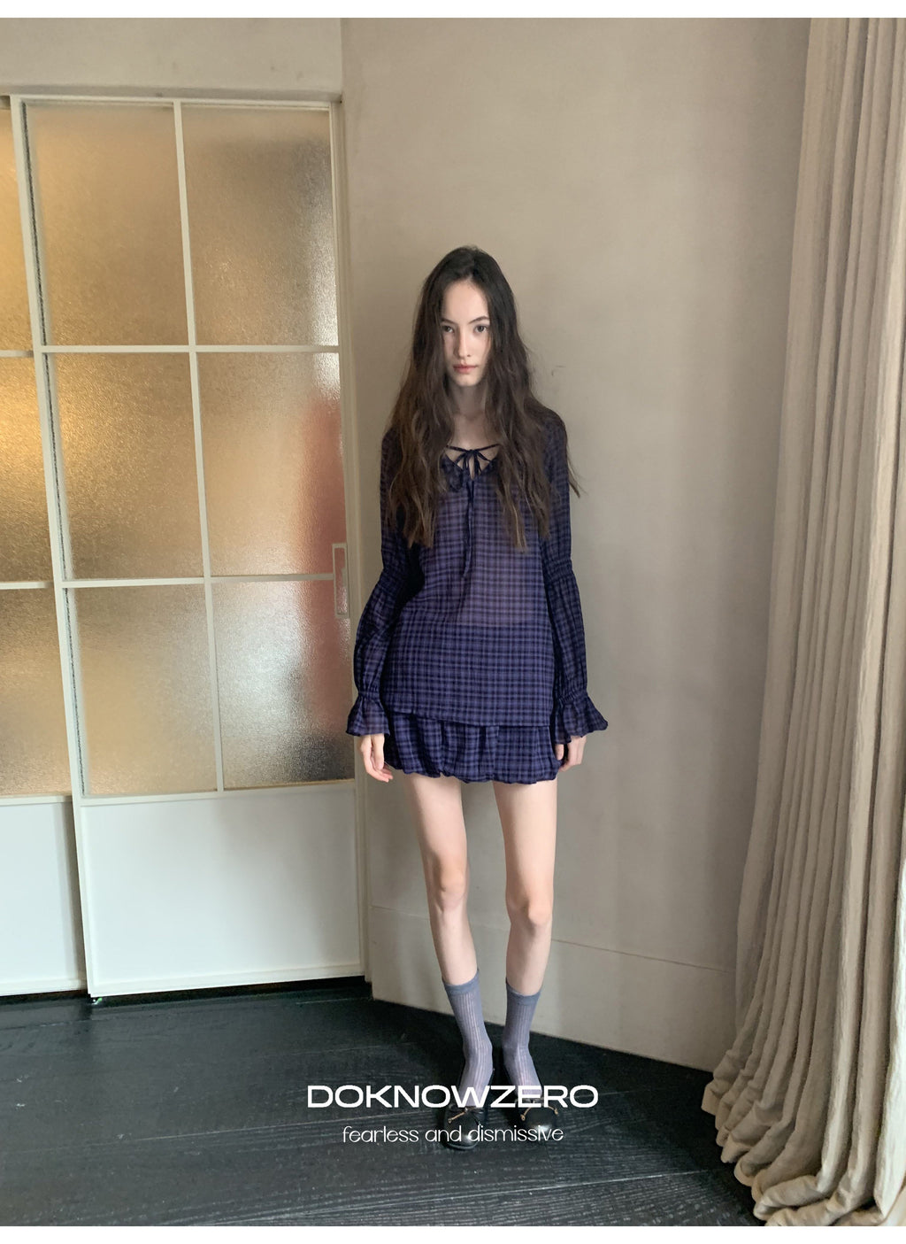 Plaid Drawstring Balloon Top & Skirt