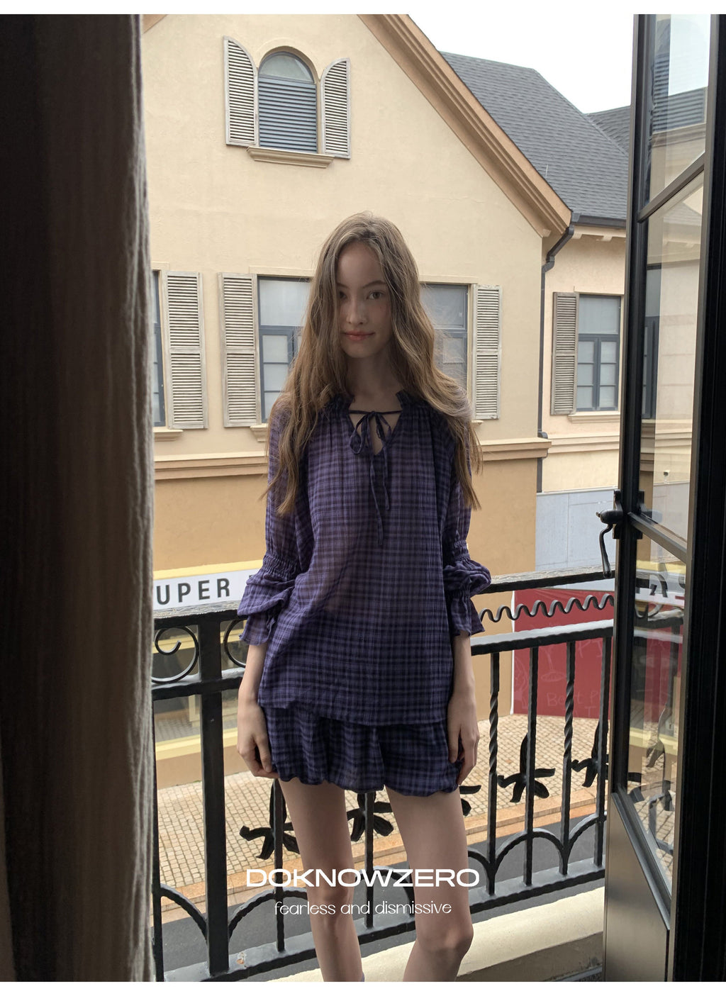 Plaid Drawstring Balloon Top & Skirt