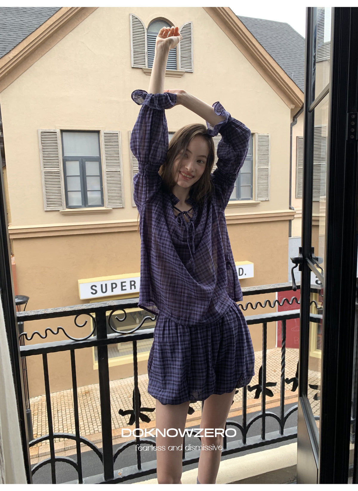 Plaid Drawstring Balloon Top & Skirt
