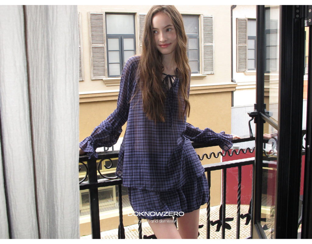 Plaid Drawstring Balloon Top & Skirt