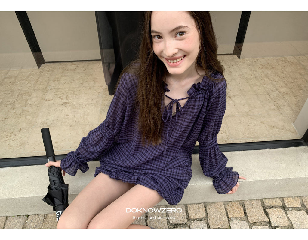 Plaid Drawstring Balloon Top & Skirt