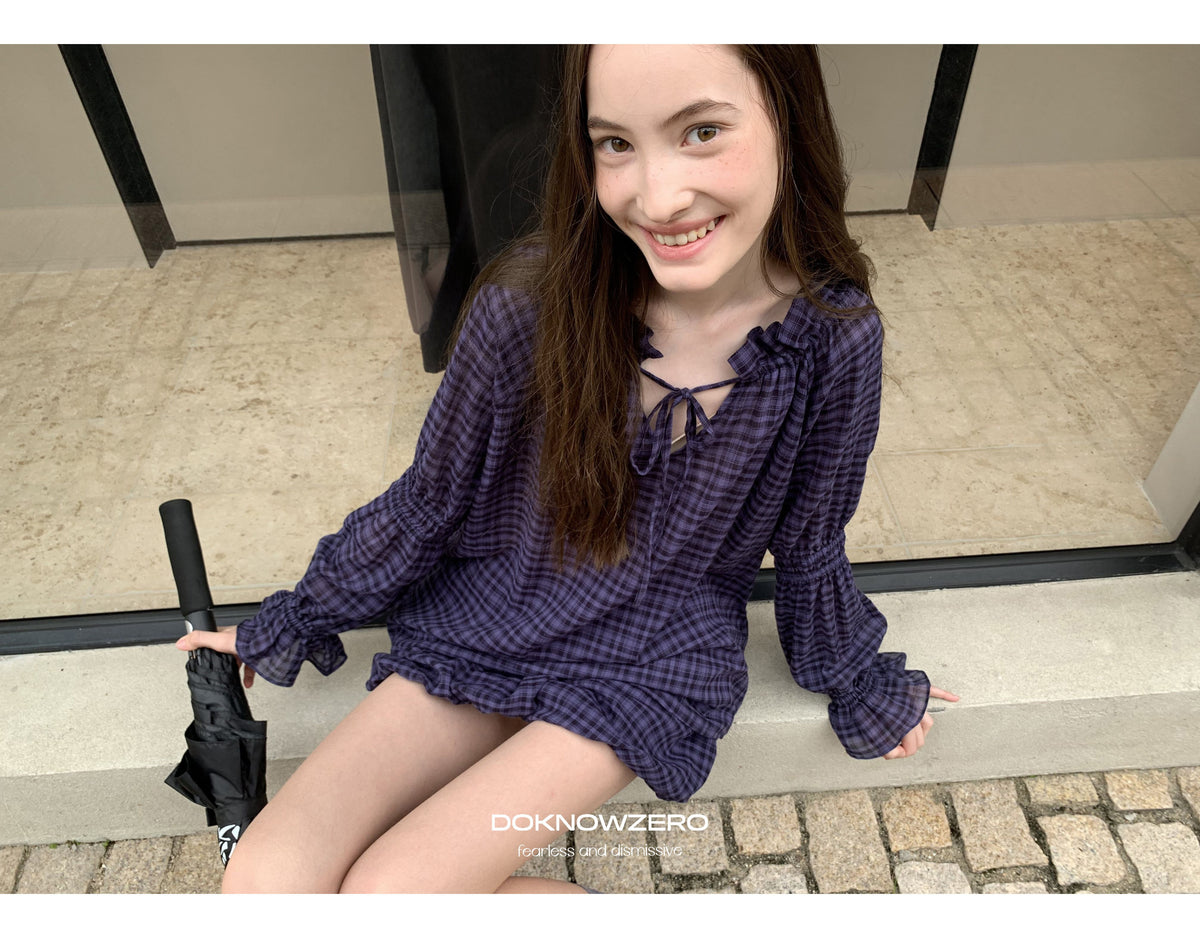 Plaid Drawstring Balloon Top & Skirt