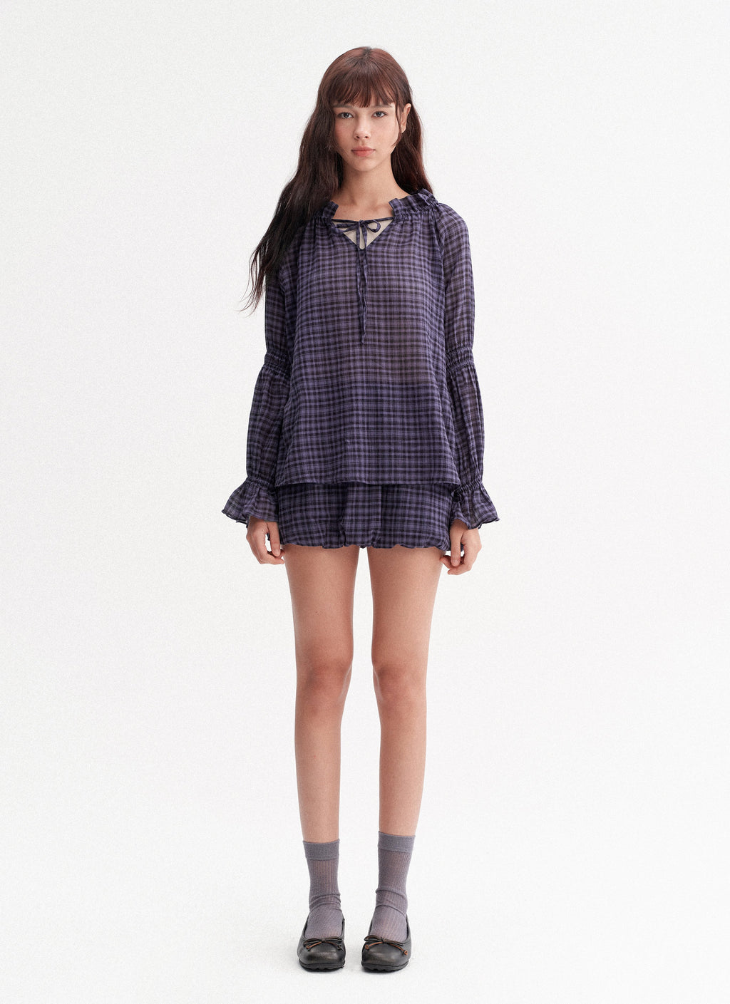 Plaid Drawstring Balloon Top & Skirt