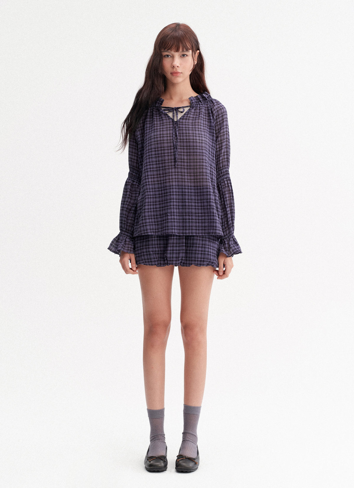 Plaid Drawstring Balloon Top & Skirt