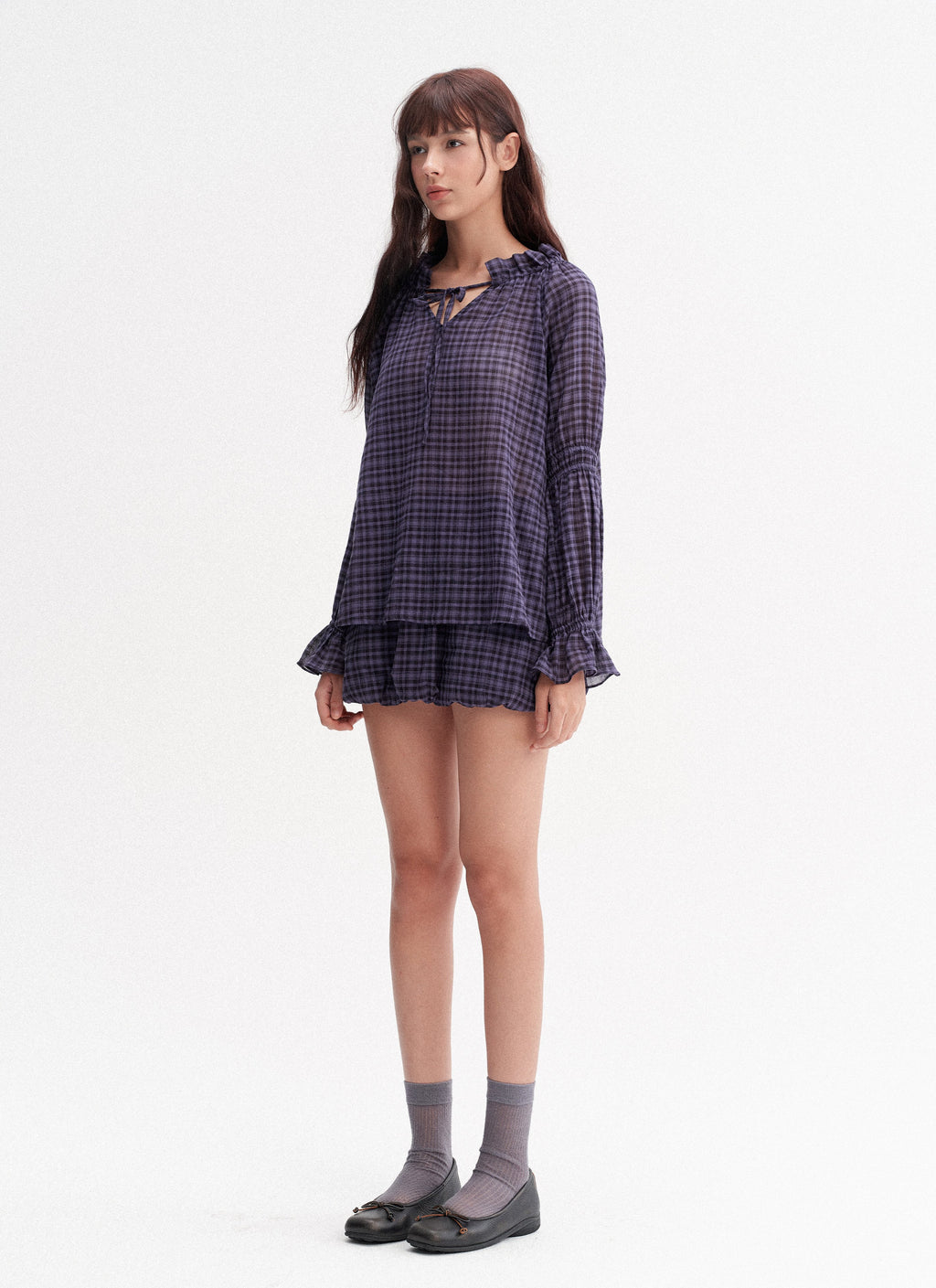 Plaid Drawstring Balloon Top & Skirt