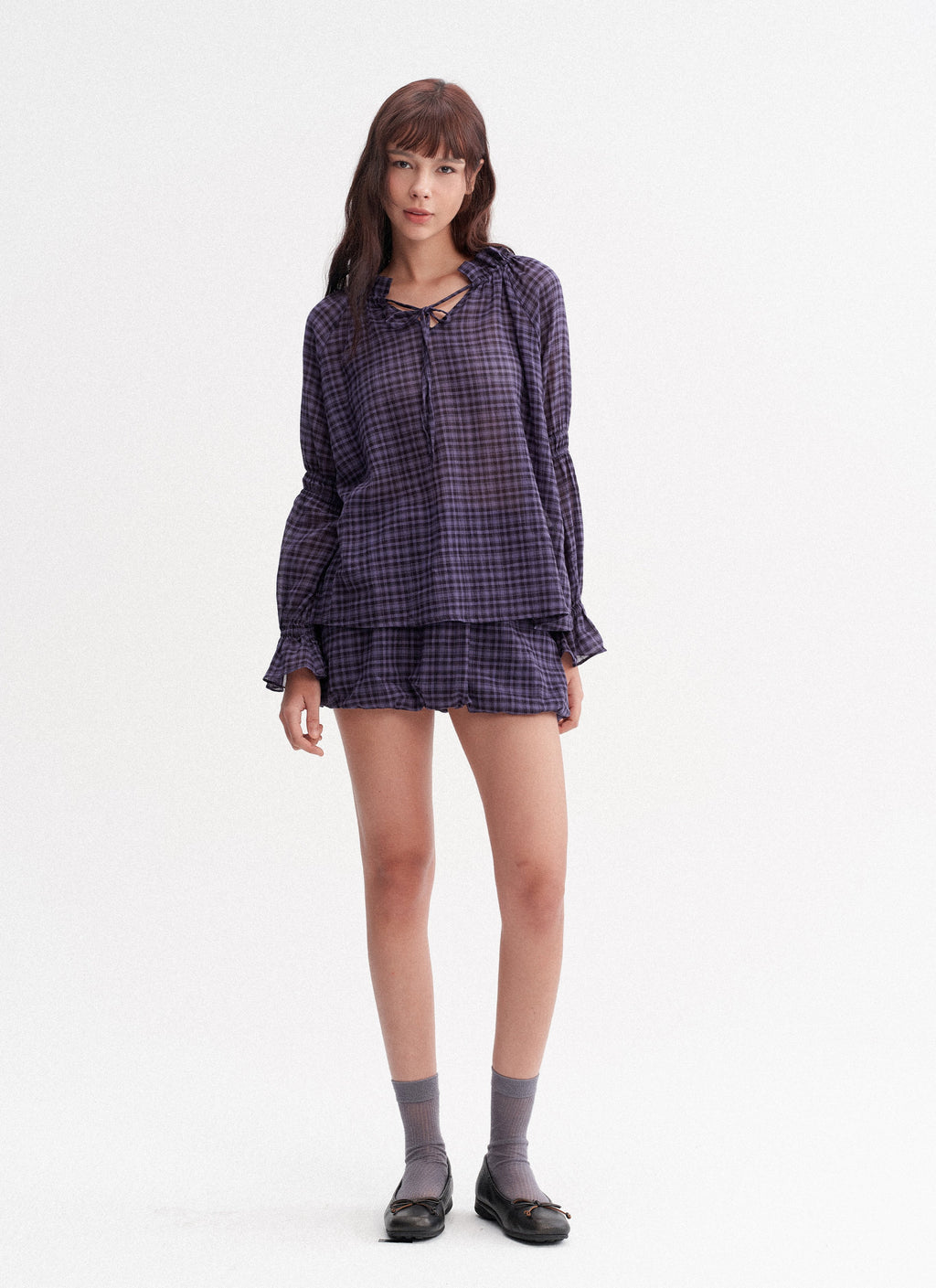 Plaid Drawstring Balloon Top & Skirt