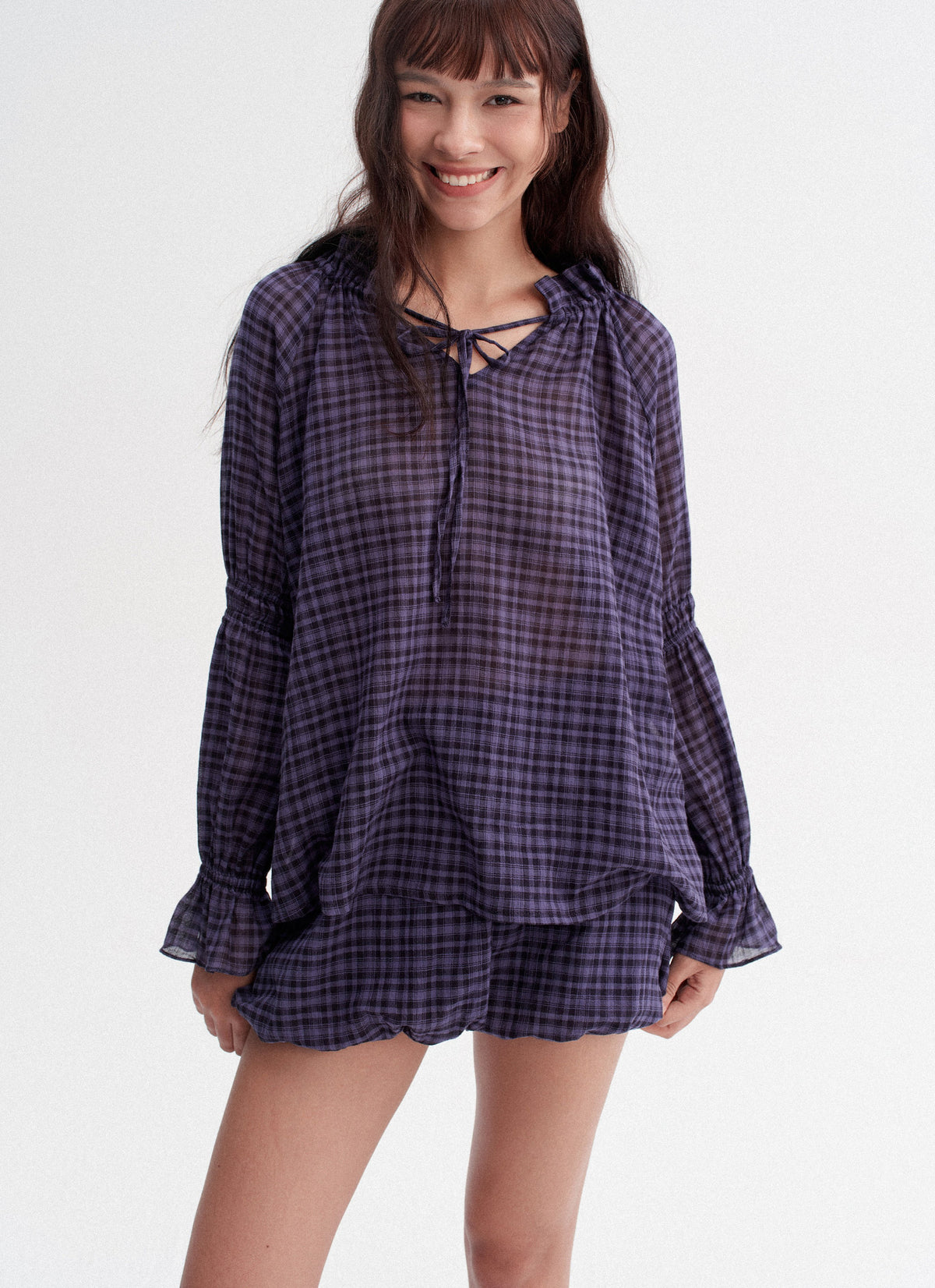 Plaid Drawstring Balloon Top & Skirt