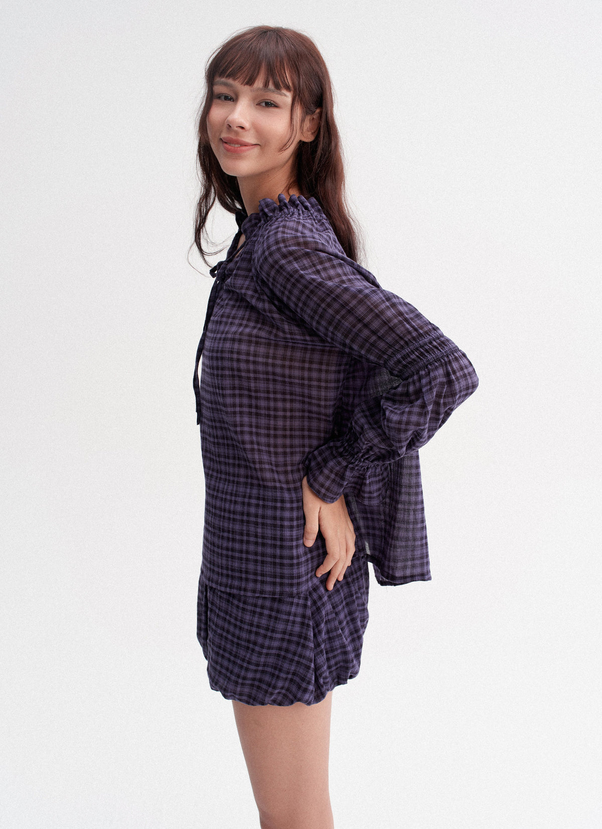 Plaid Drawstring Balloon Top & Skirt