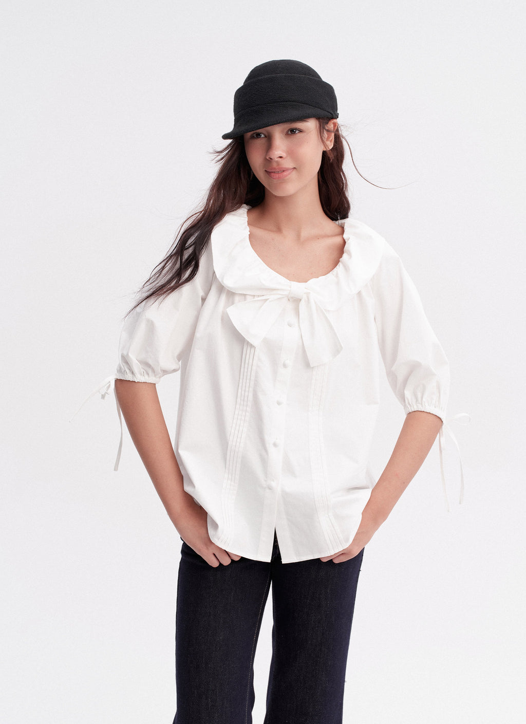 Bow Tie Pintuck Shirt (2color)