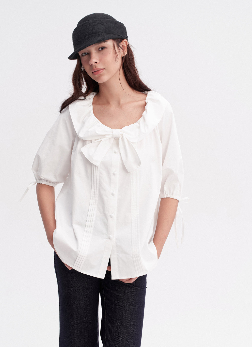 Bow Tie Pintuck Shirt (2color)