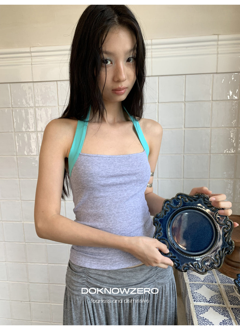 Contrast Strap Halter Top (2color)