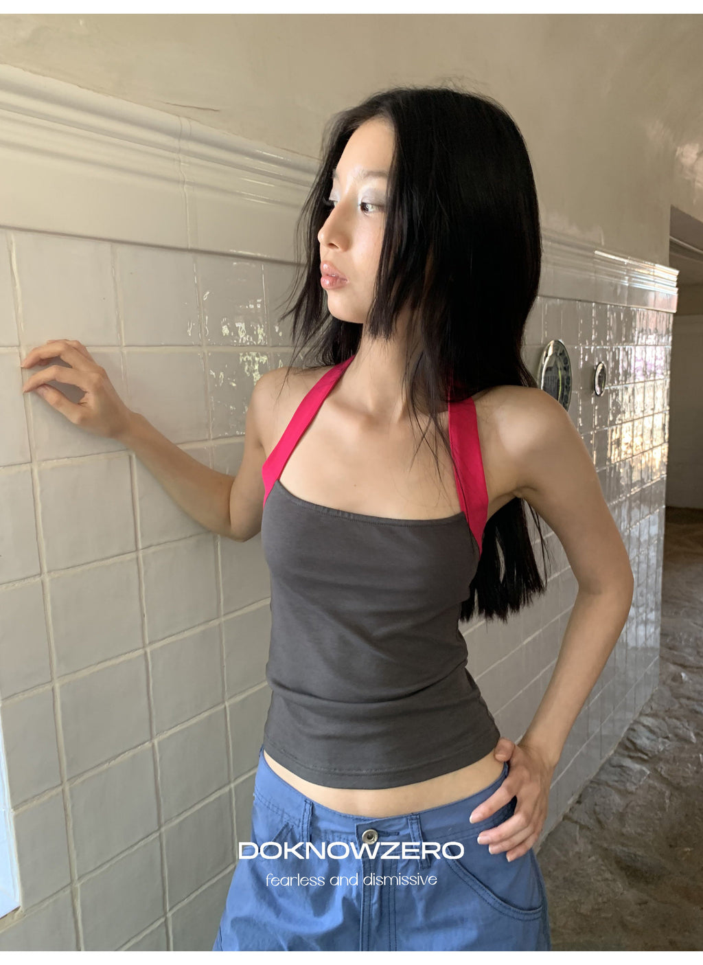 Contrast Strap Halter Top (2color)