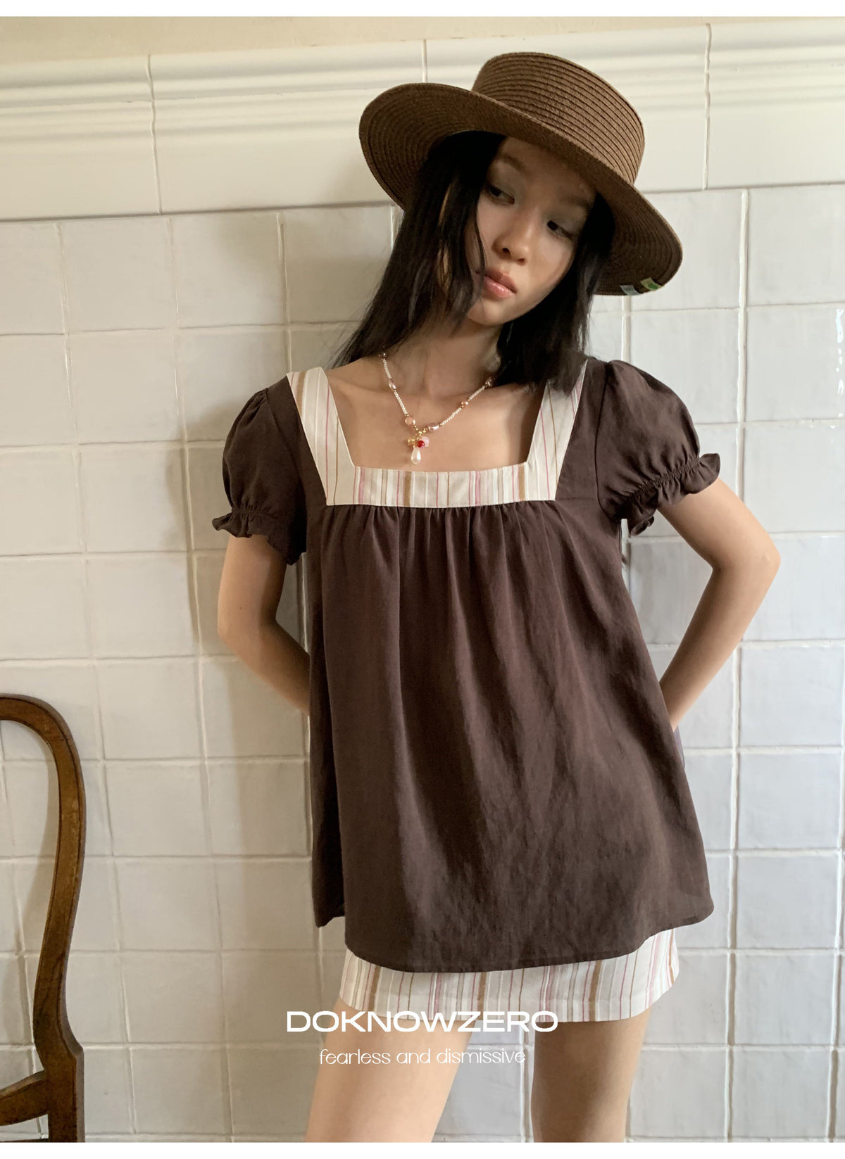 Linen Stripe Lantern Sleeve Top