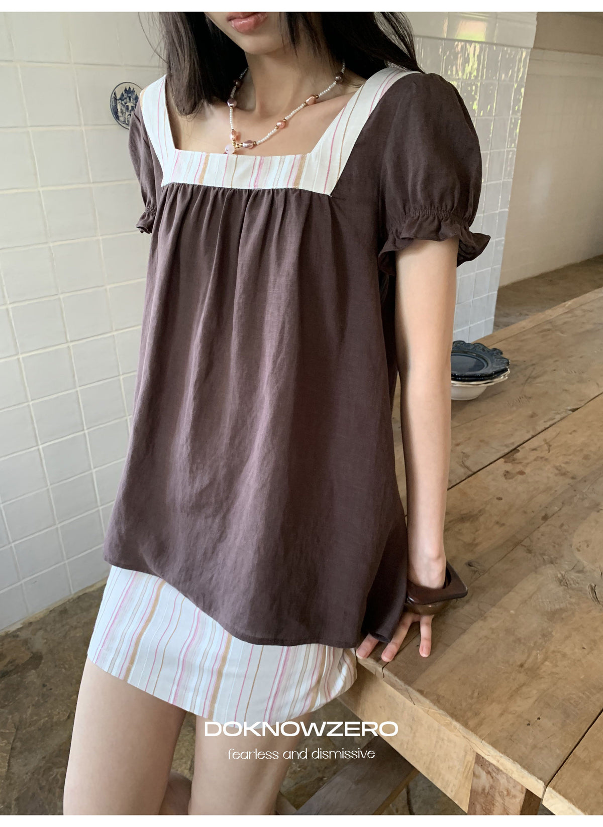 Linen Stripe Lantern Sleeve Top