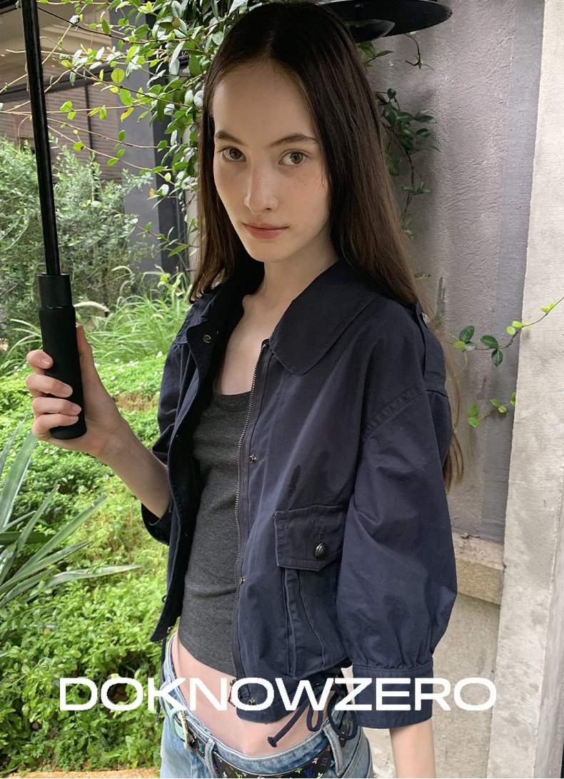 Navy Drawstring Crop Jacket