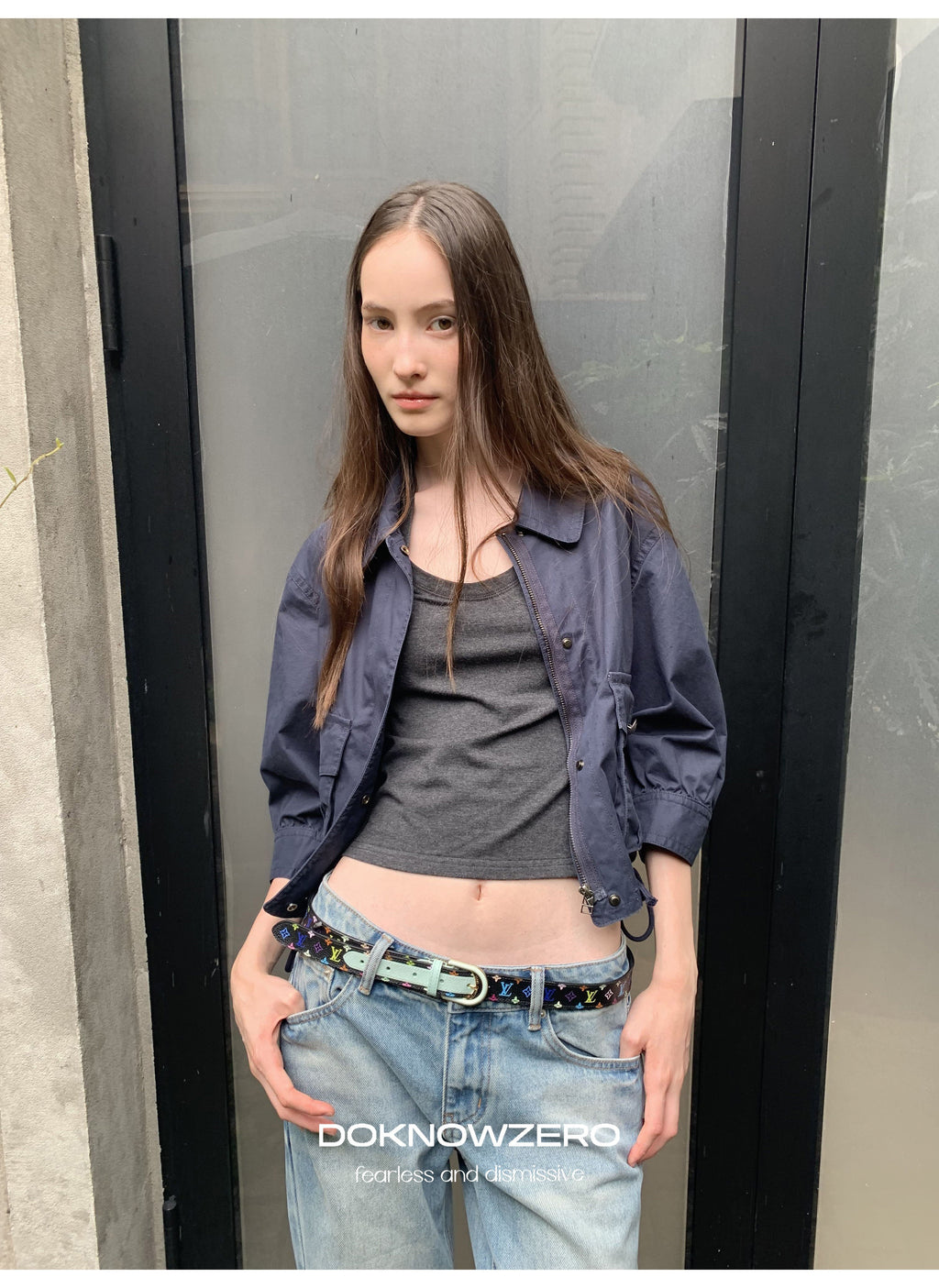 Navy Drawstring Crop Jacket
