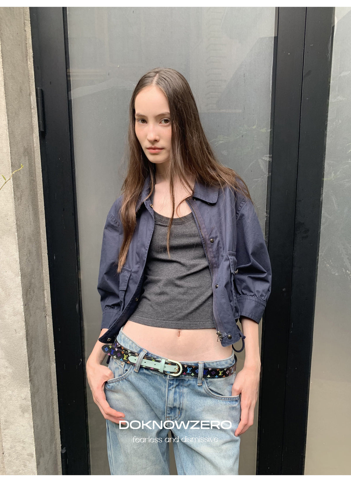 Navy Drawstring Crop Jacket