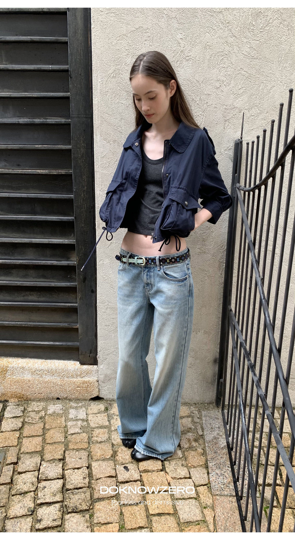 Navy Drawstring Crop Jacket