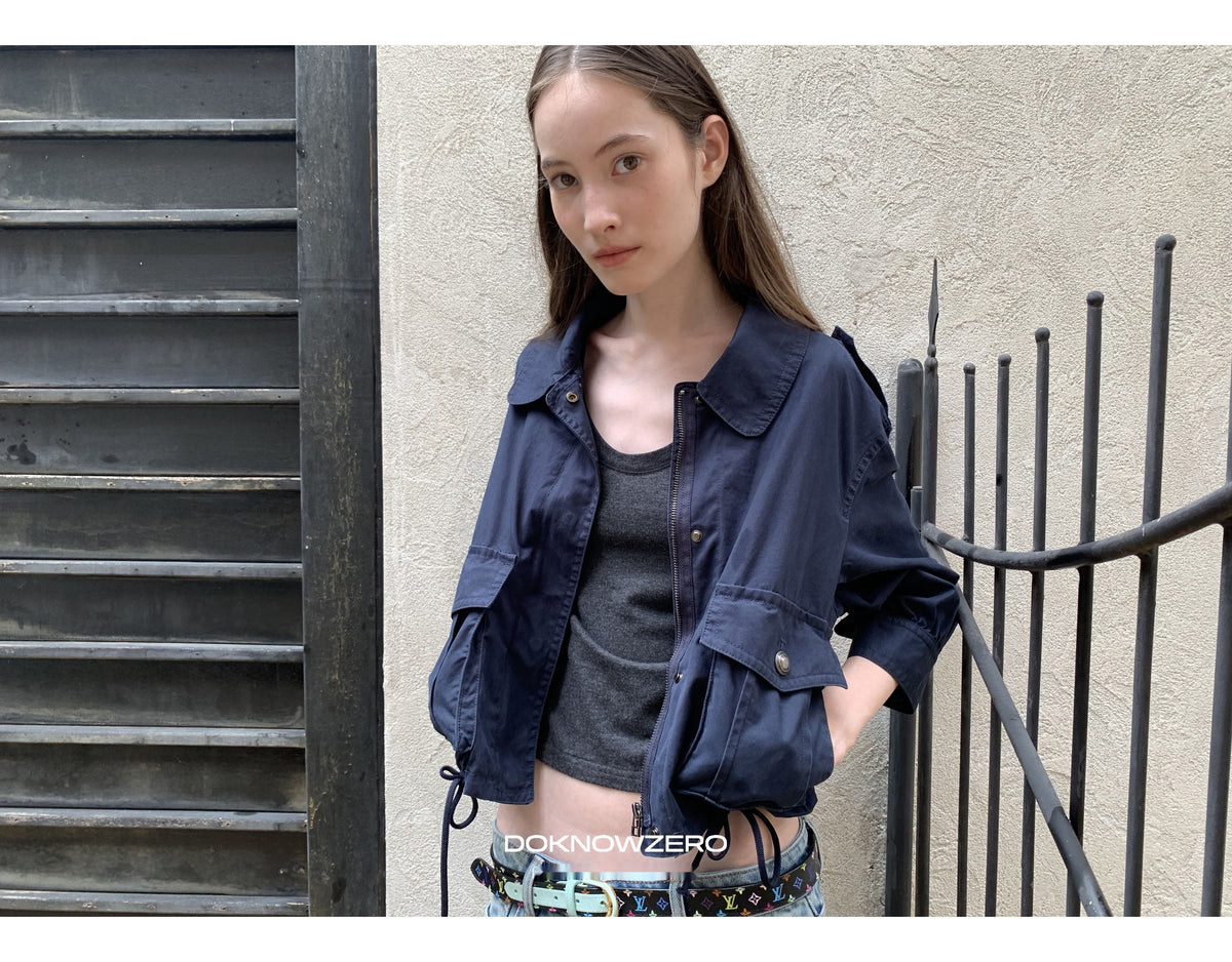 Navy Drawstring Crop Jacket