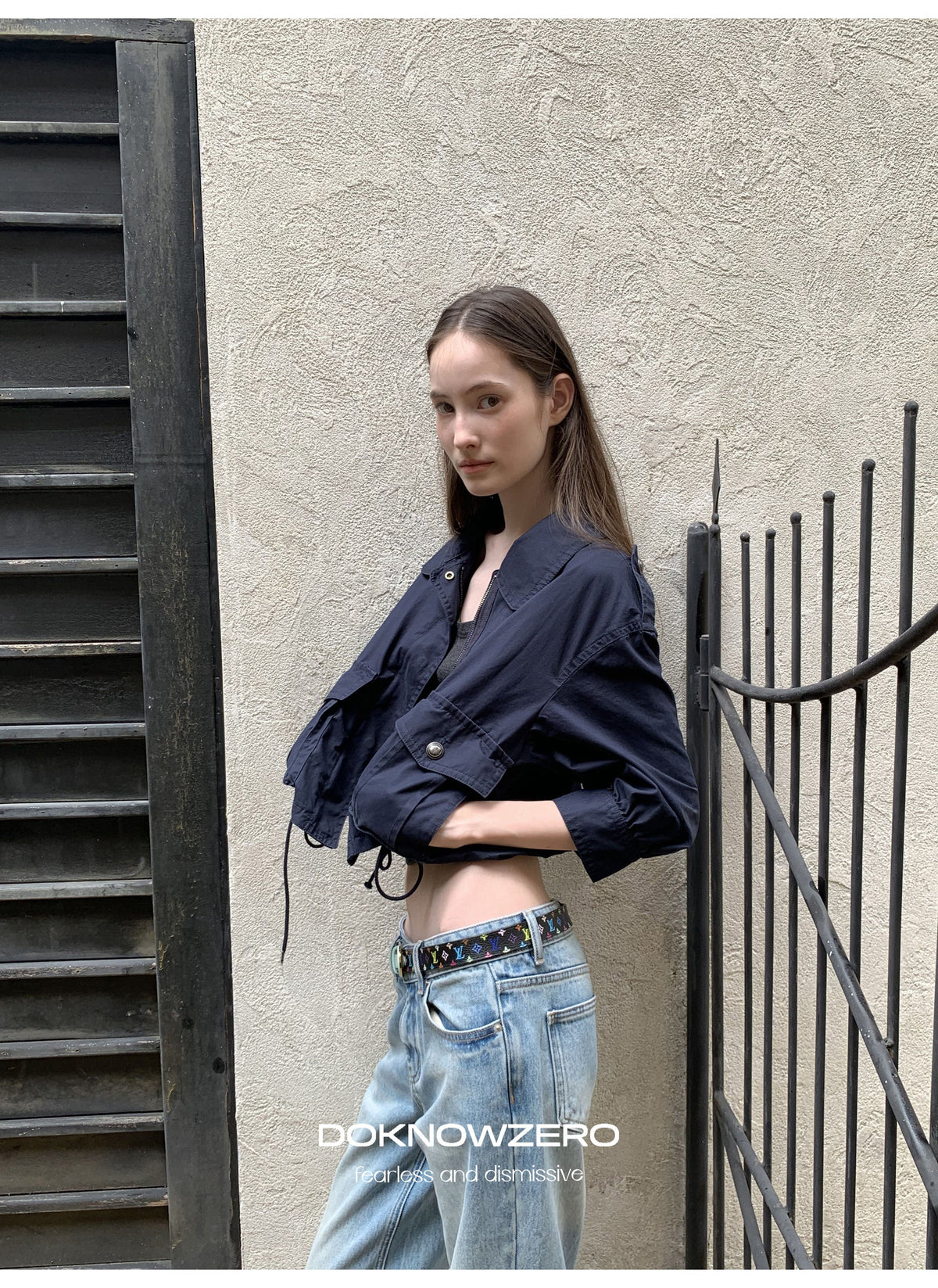 Navy Drawstring Crop Jacket
