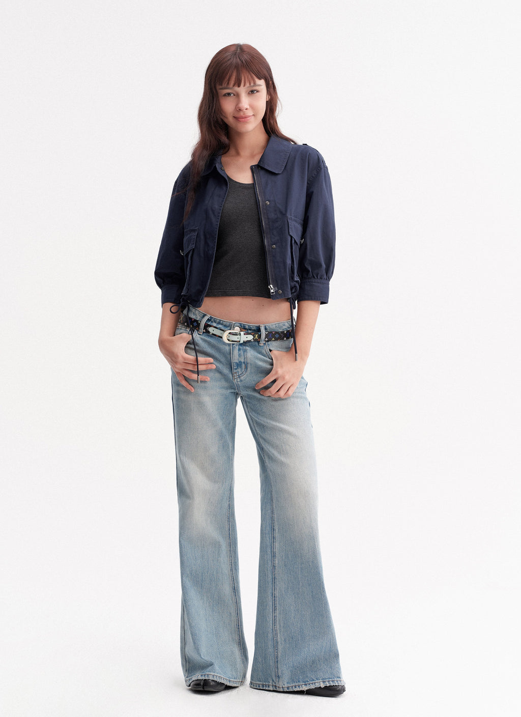 Navy Drawstring Crop Jacket