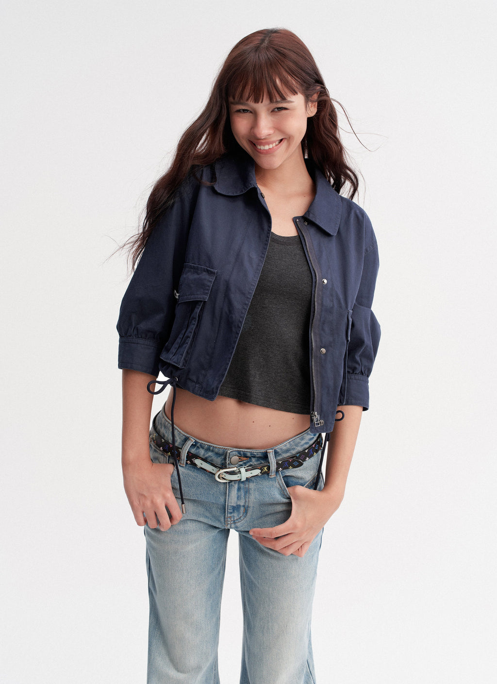 Navy Drawstring Crop Jacket
