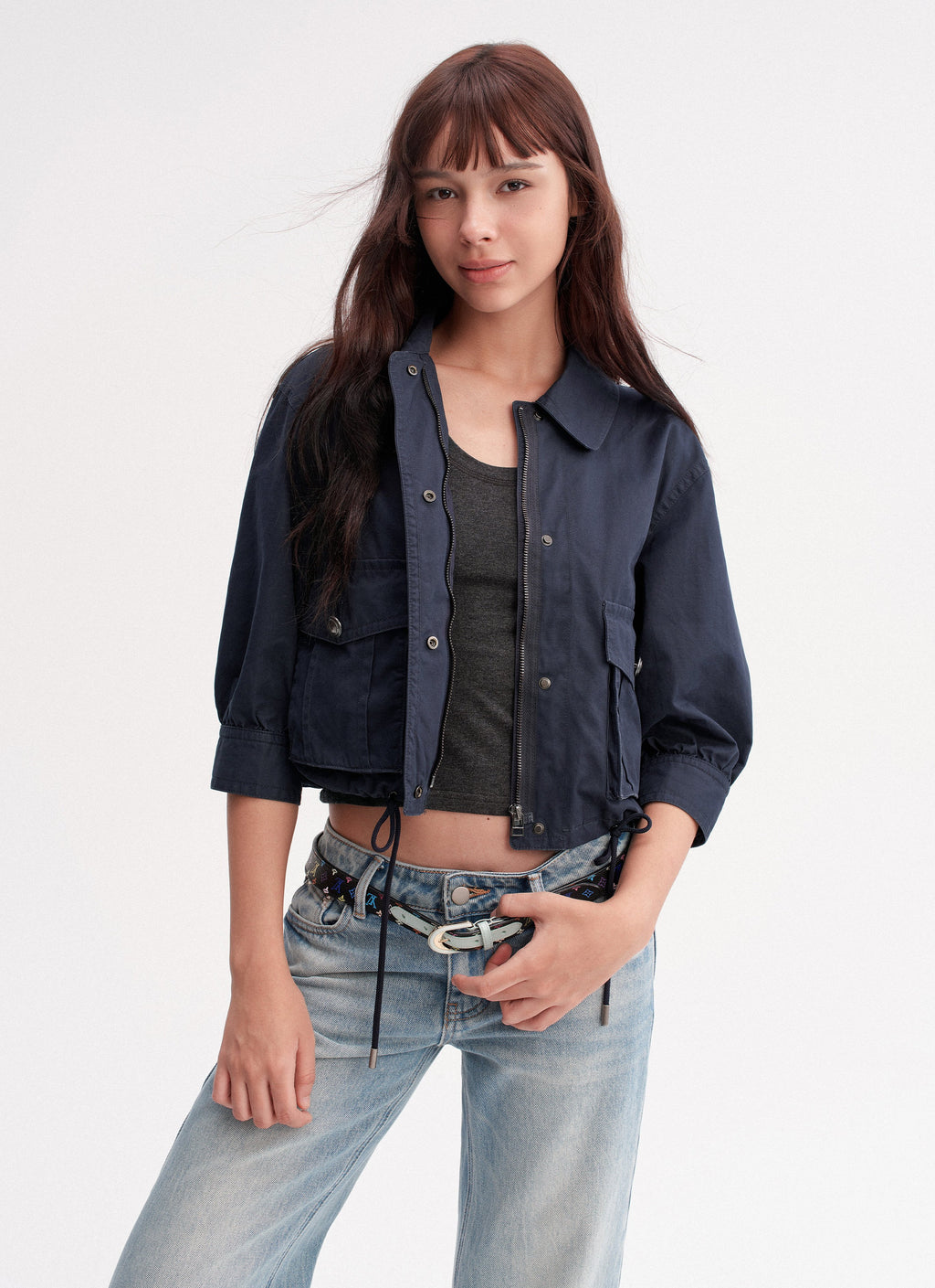 Navy Drawstring Crop Jacket