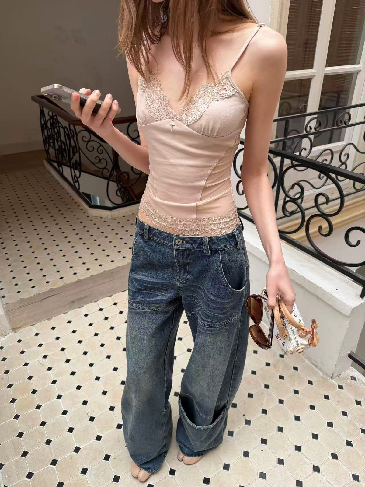 Nude Lace Trim Tank Top