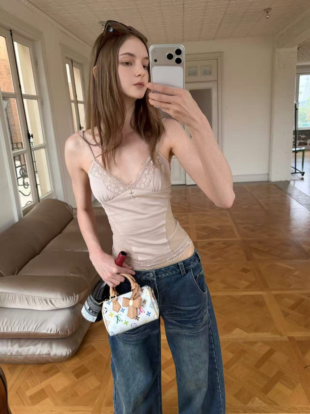 Nude Lace Trim Tank Top