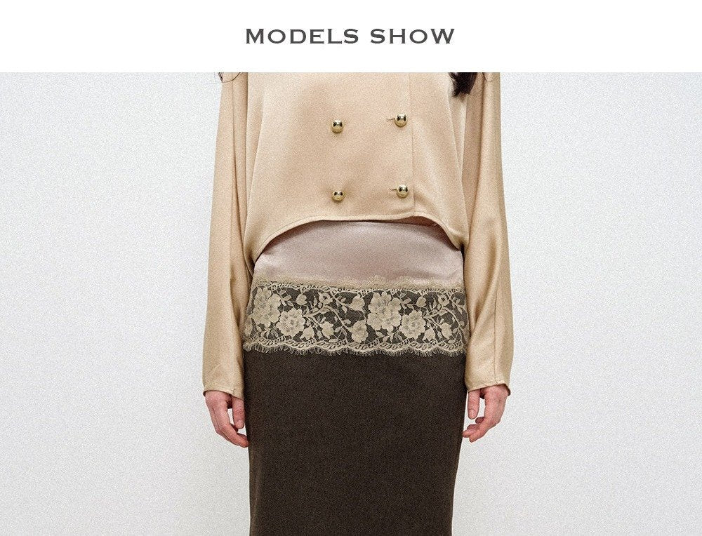 Lace Satin Trim Midi Skirt