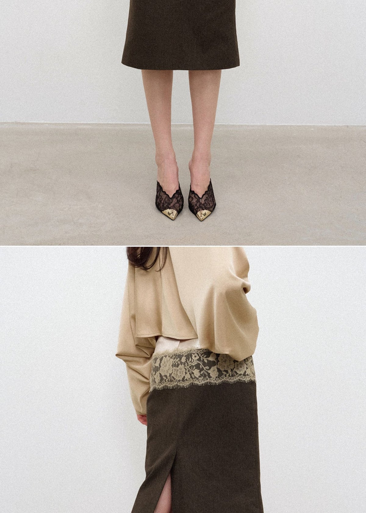 Lace Satin Trim Midi Skirt