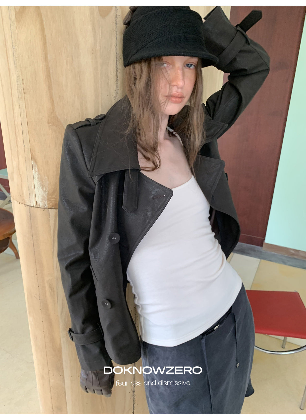 Dark Brown Double Button PU Jacket