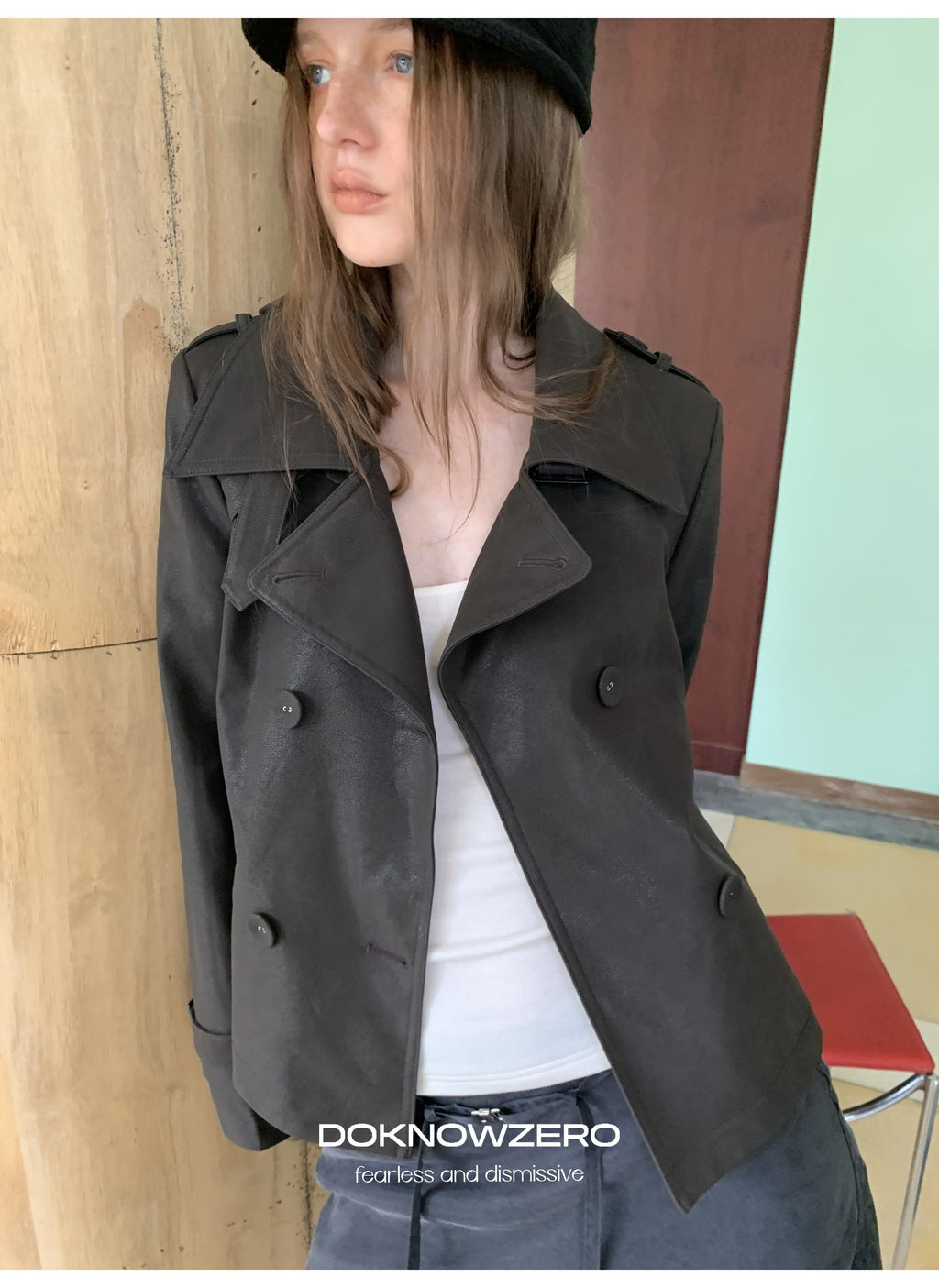 Dark Brown Double Button PU Jacket