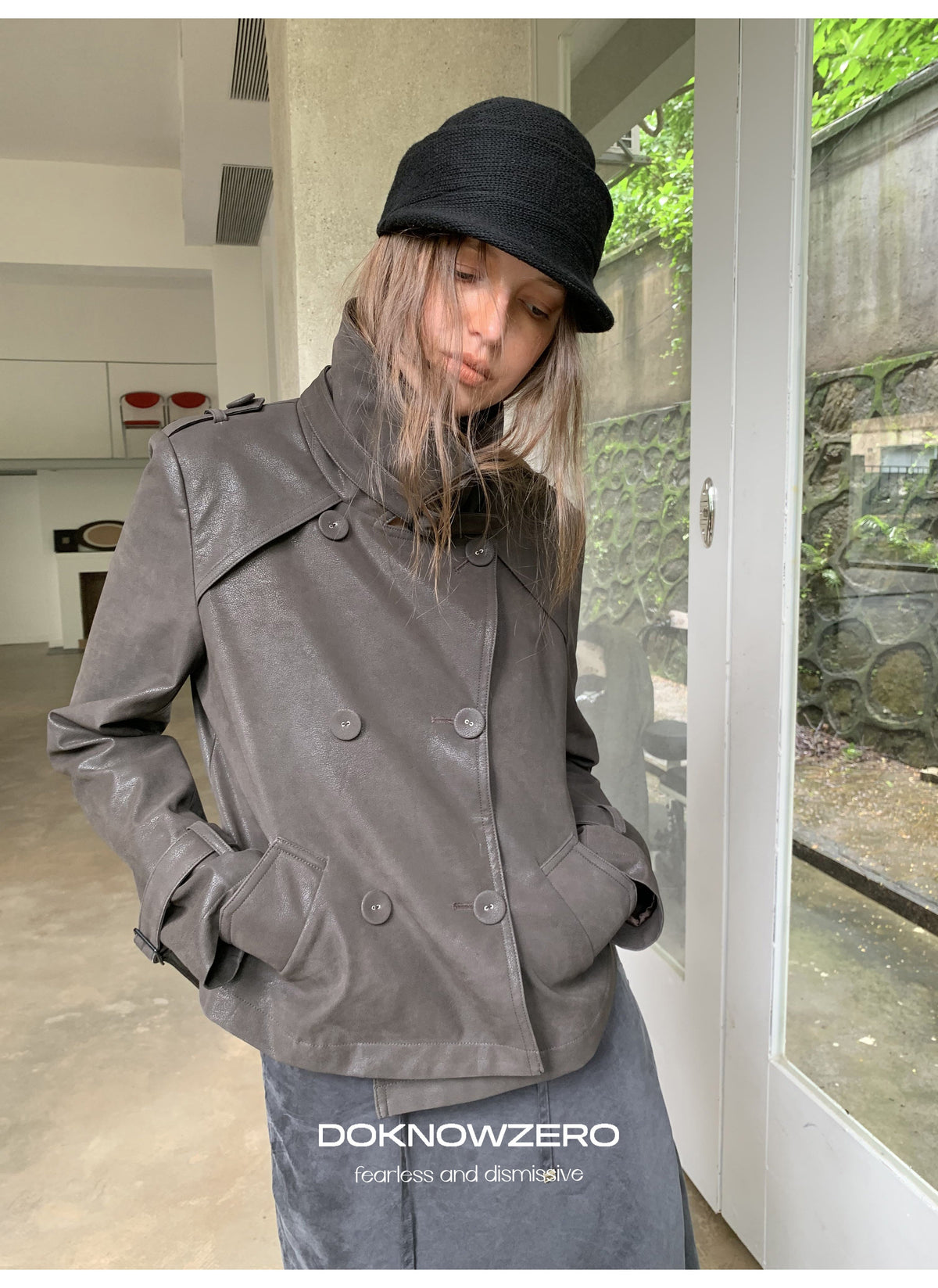 Dark Brown Double Button PU Jacket