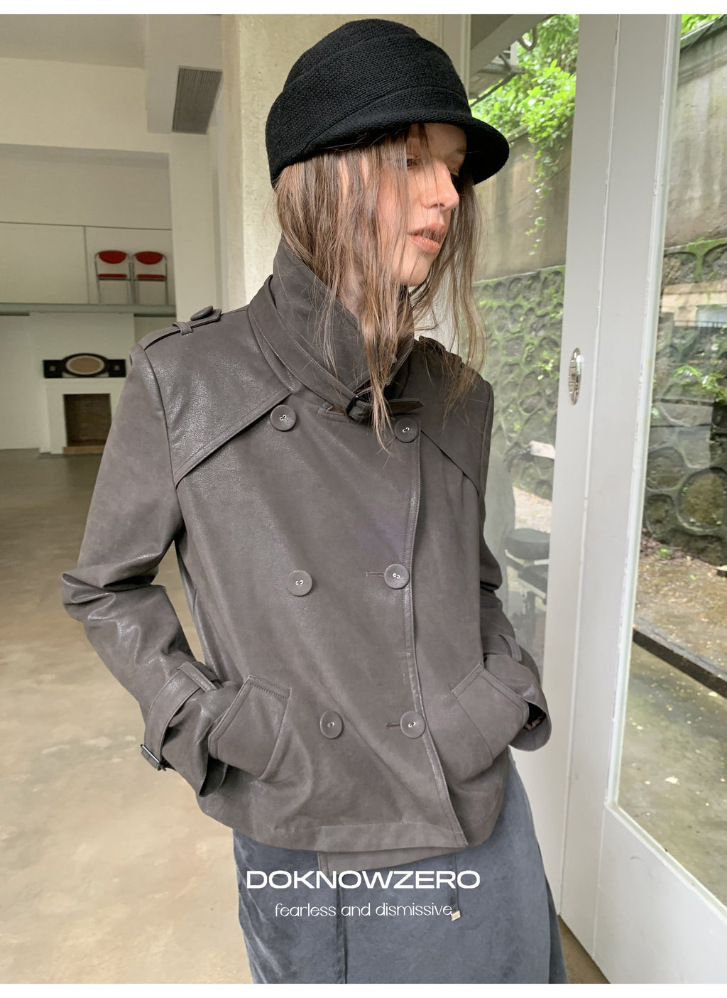 Dark Brown Double Button PU Jacket