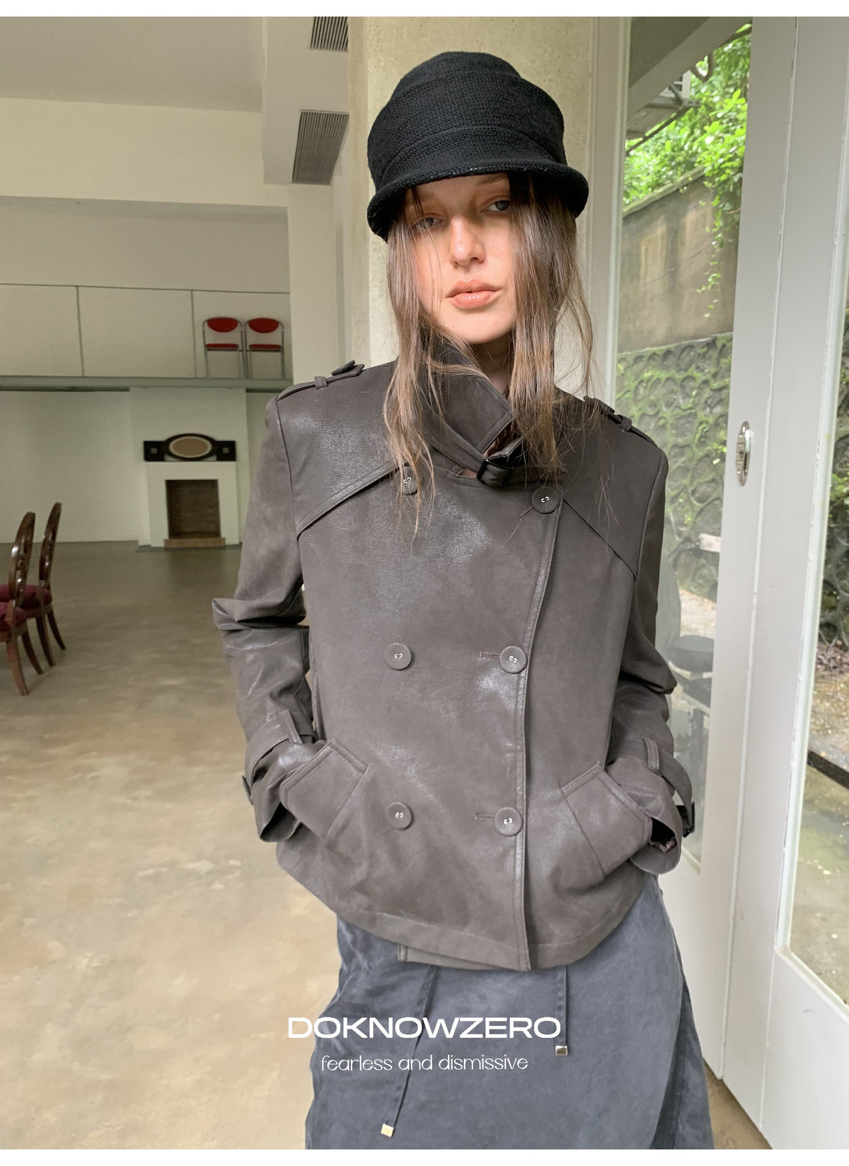 Dark Brown Double Button PU Jacket