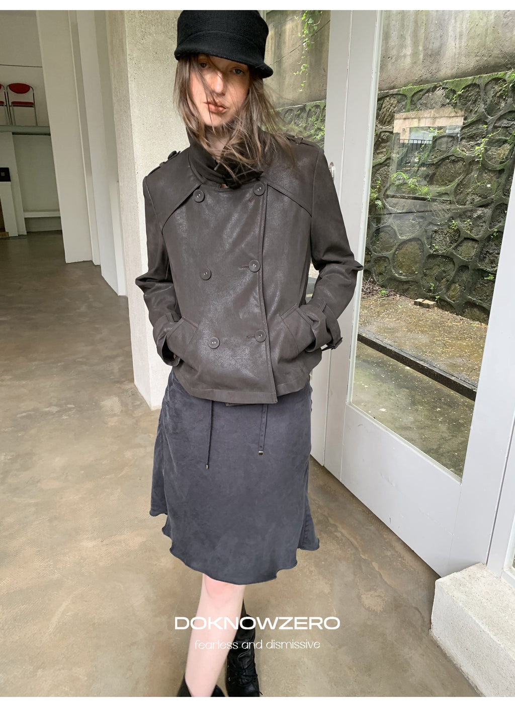 Dark Brown Double Button PU Jacket