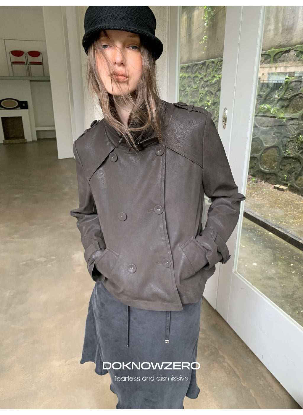 Dark Brown Double Button PU Jacket