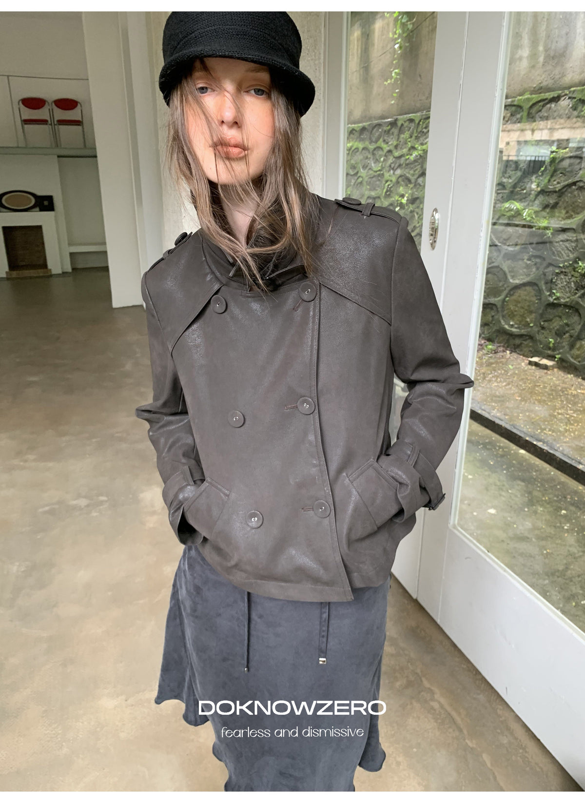 Dark Brown Double Button PU Jacket