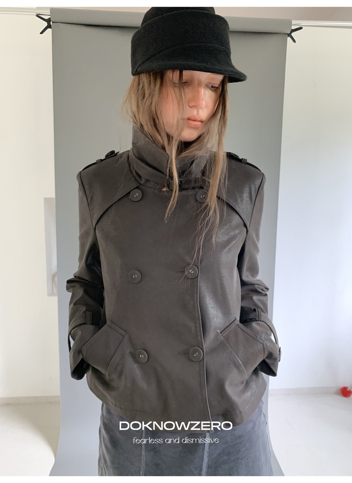 Dark Brown Double Button PU Jacket